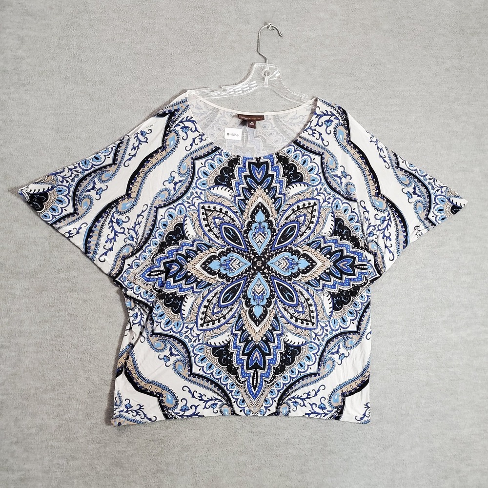 Dana Buchman Women Top XL Blue Floral Paisley Blouse Cold Shoulder Sleeve